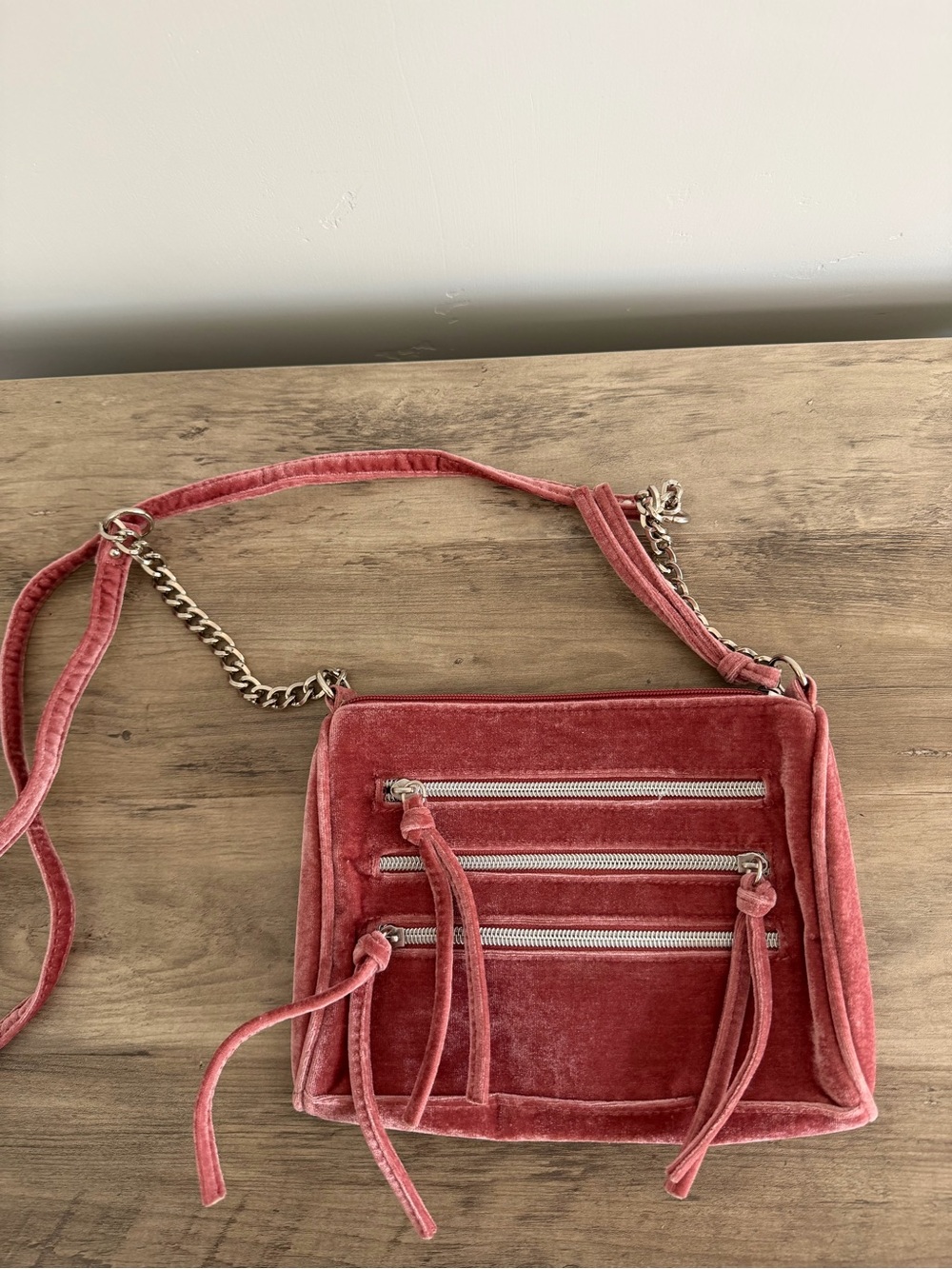 Dusty Rose Pink Velvet Y2K Multi Zip Crossbody Bag